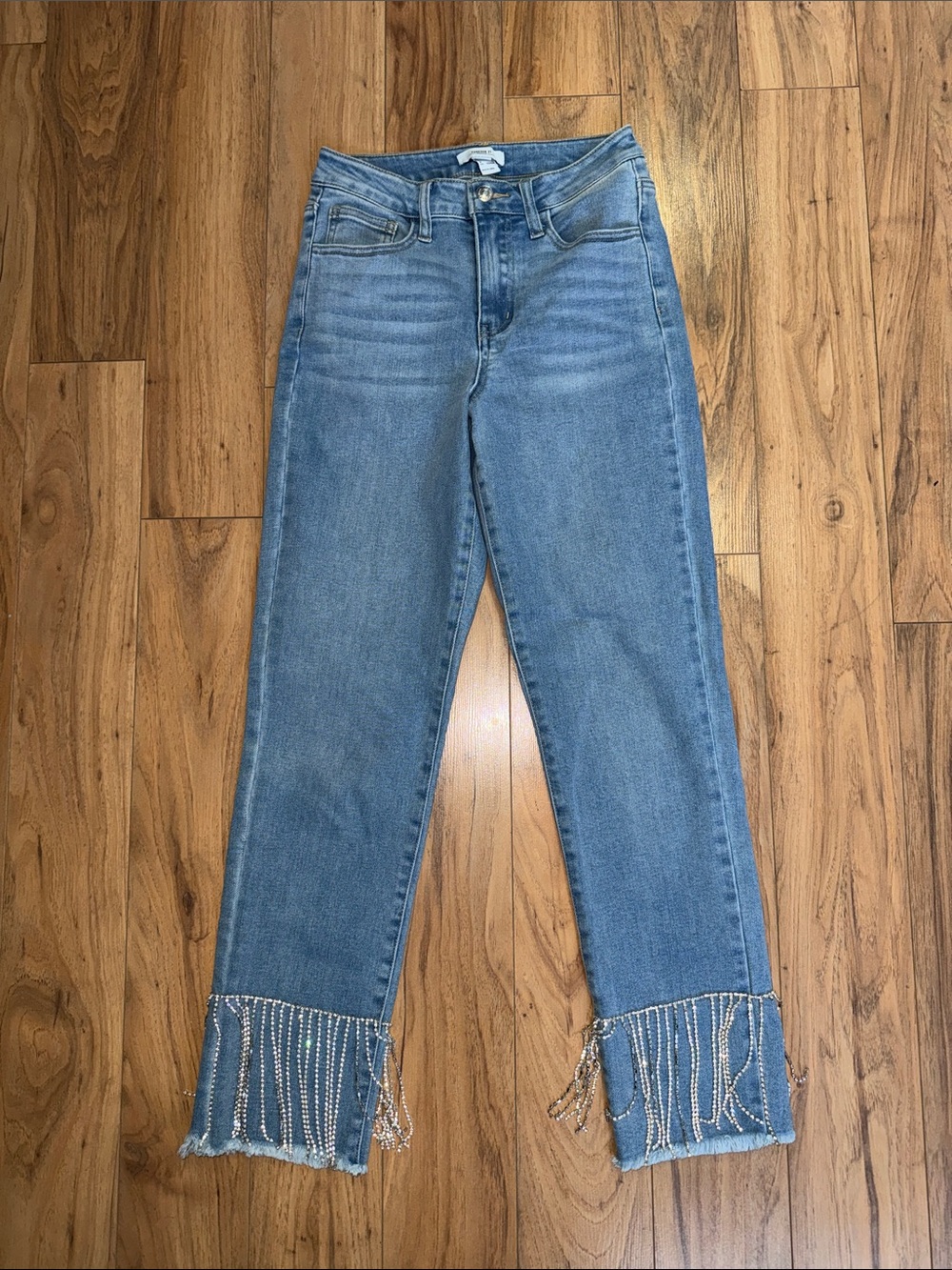 Rhinestone Tassel Hem Light Blue Jeans